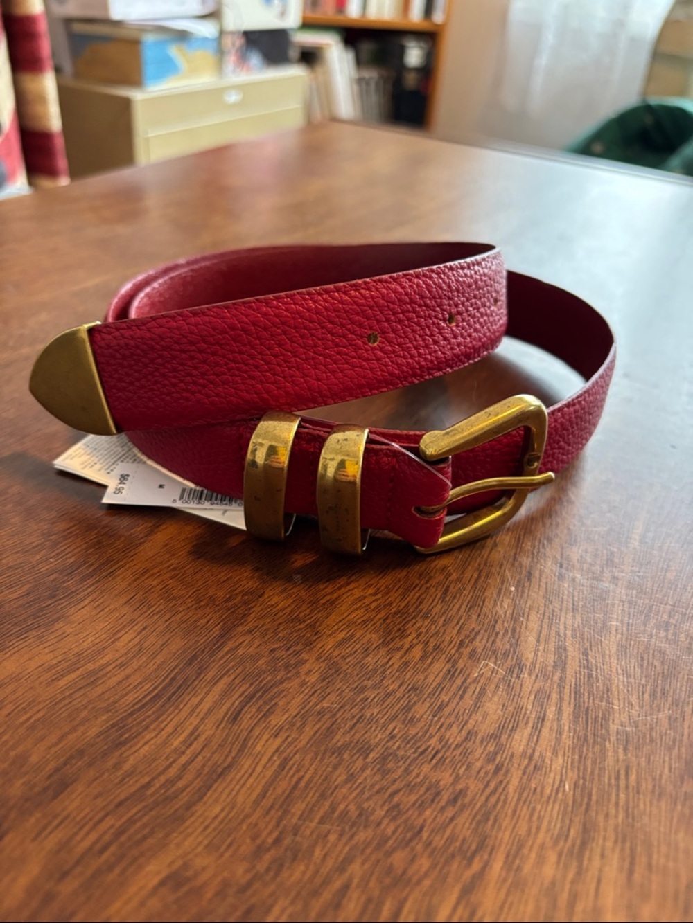 Gap Women's Red Leather Belt with Antiqued Brass Buckle